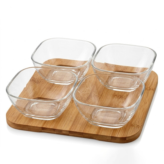 Glass Bowl Set with Wooden Base 4 Pcs